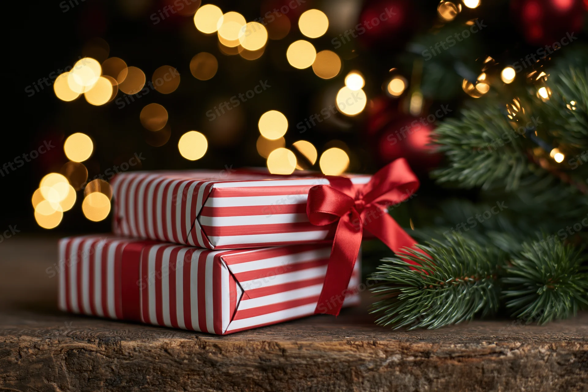Two red and white striped gift boxes stacked on a wooden surface beside a christmas tree with blurred lights in the background