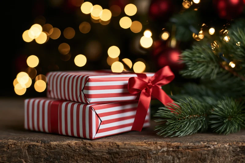 Two red and white striped gift boxes stacked on a wooden surface beside a christmas tree with blurred lights in the background
