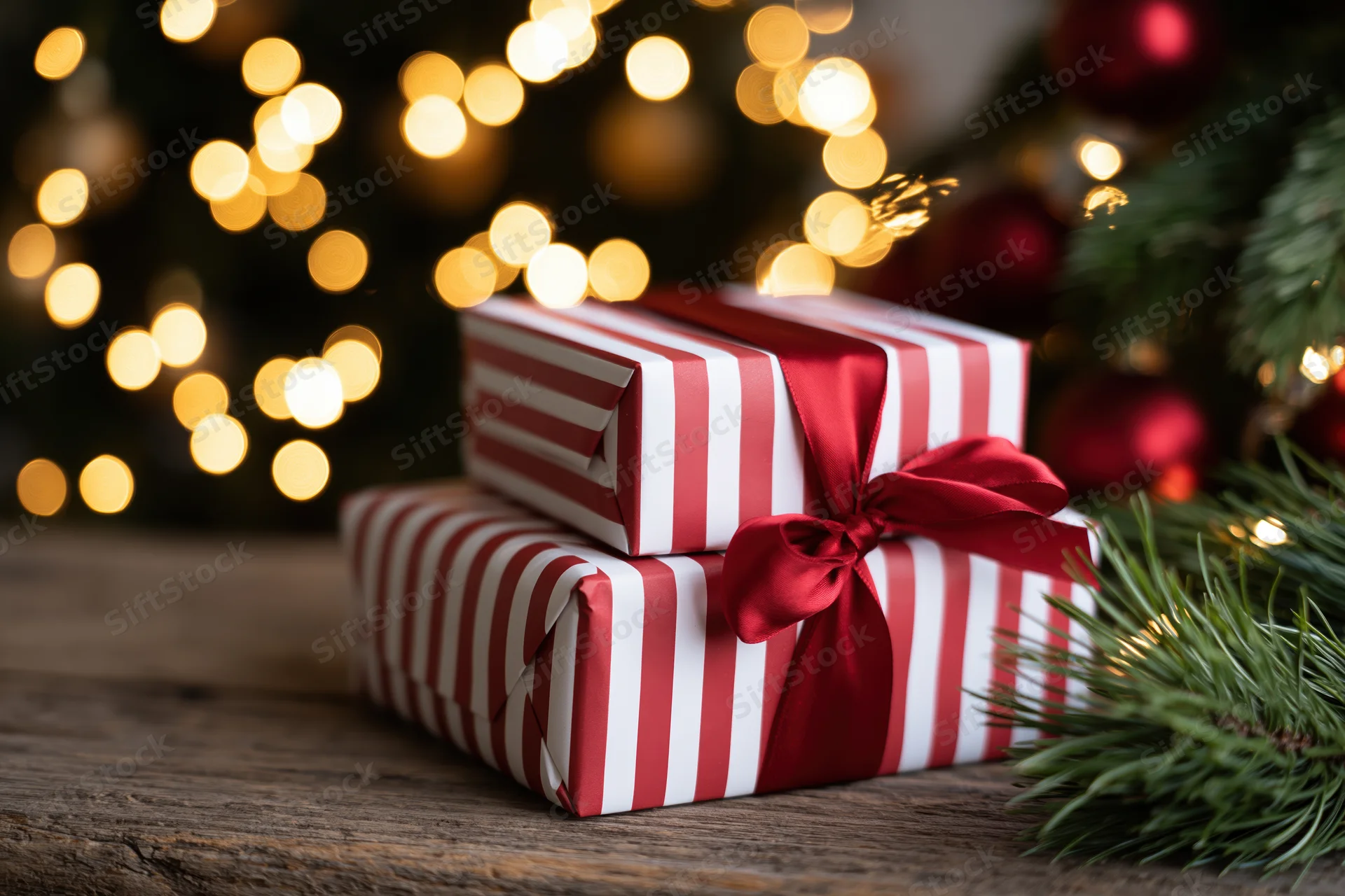 Two red and white striped gift boxes stacked on a wooden surface near a decorated christmas tree with blurred lights