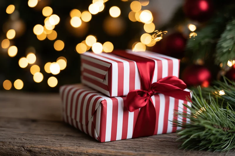 Two red and white striped gift boxes stacked on a wooden surface near a decorated christmas tree with blurred lights