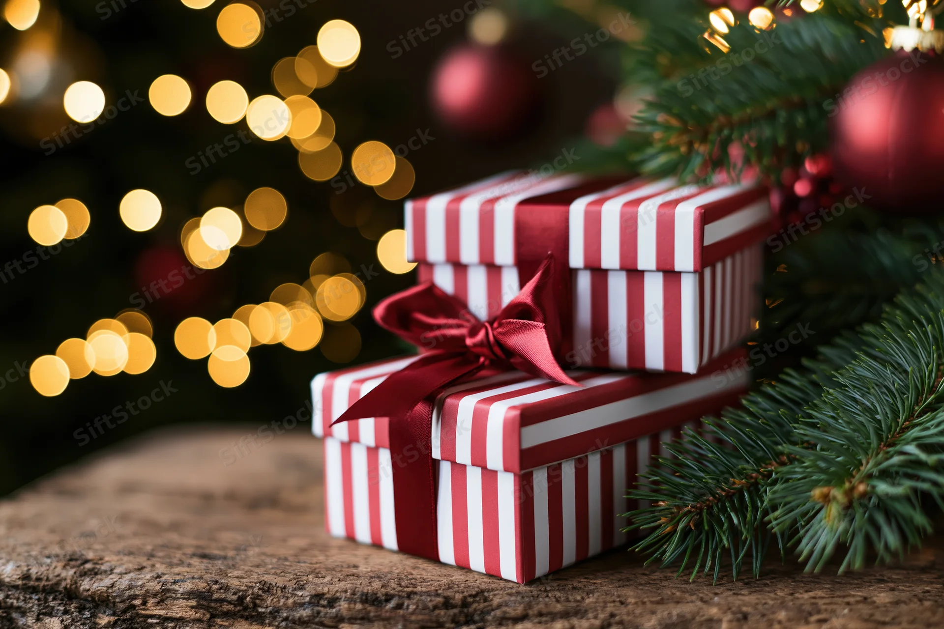 Two red and white striped gift boxes stacked under a decorated christmas tree with lights and ornaments