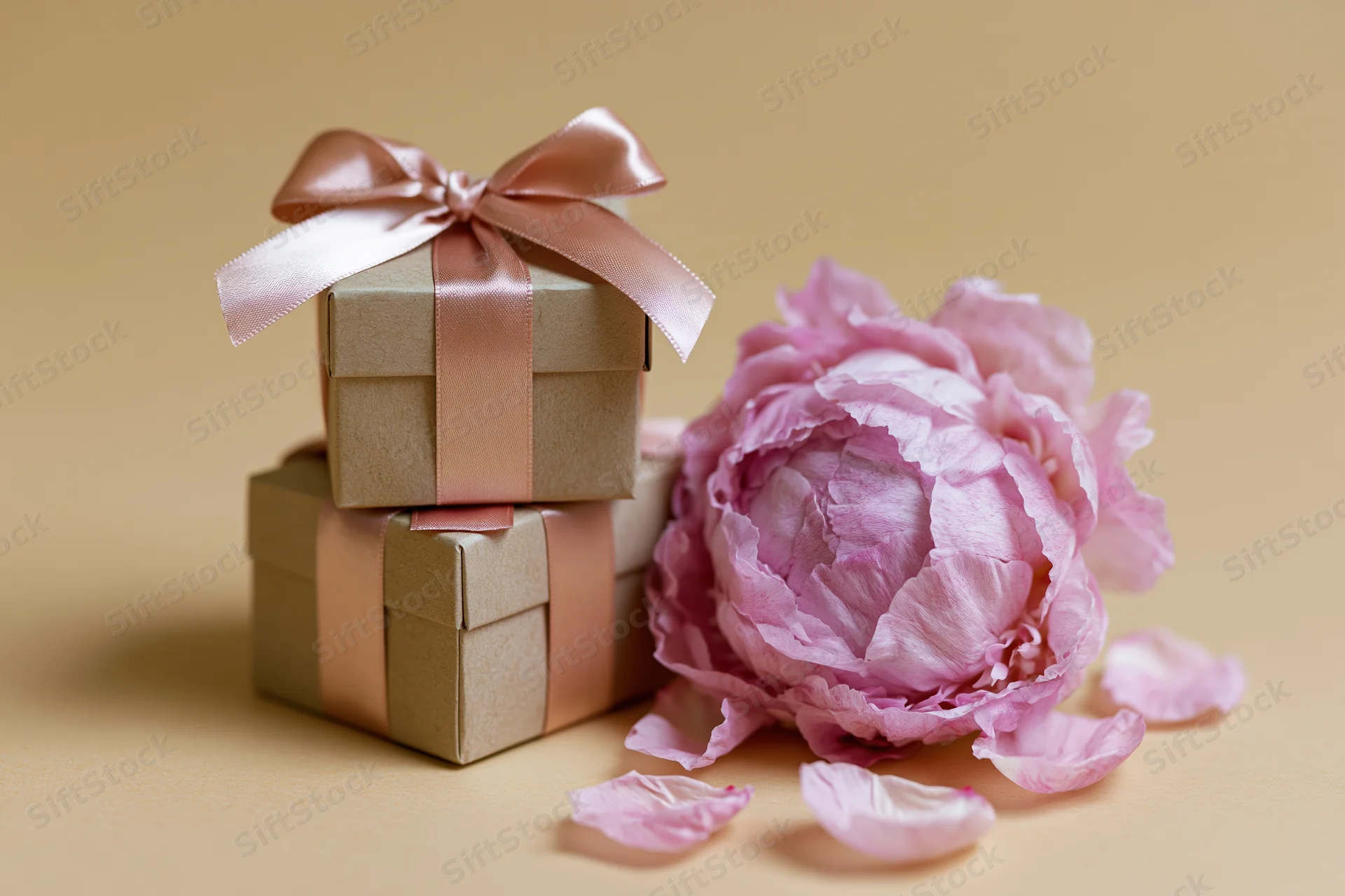 Two stacked kraft gift boxes with pink ribbon and a large pink peony flower on a beige surface