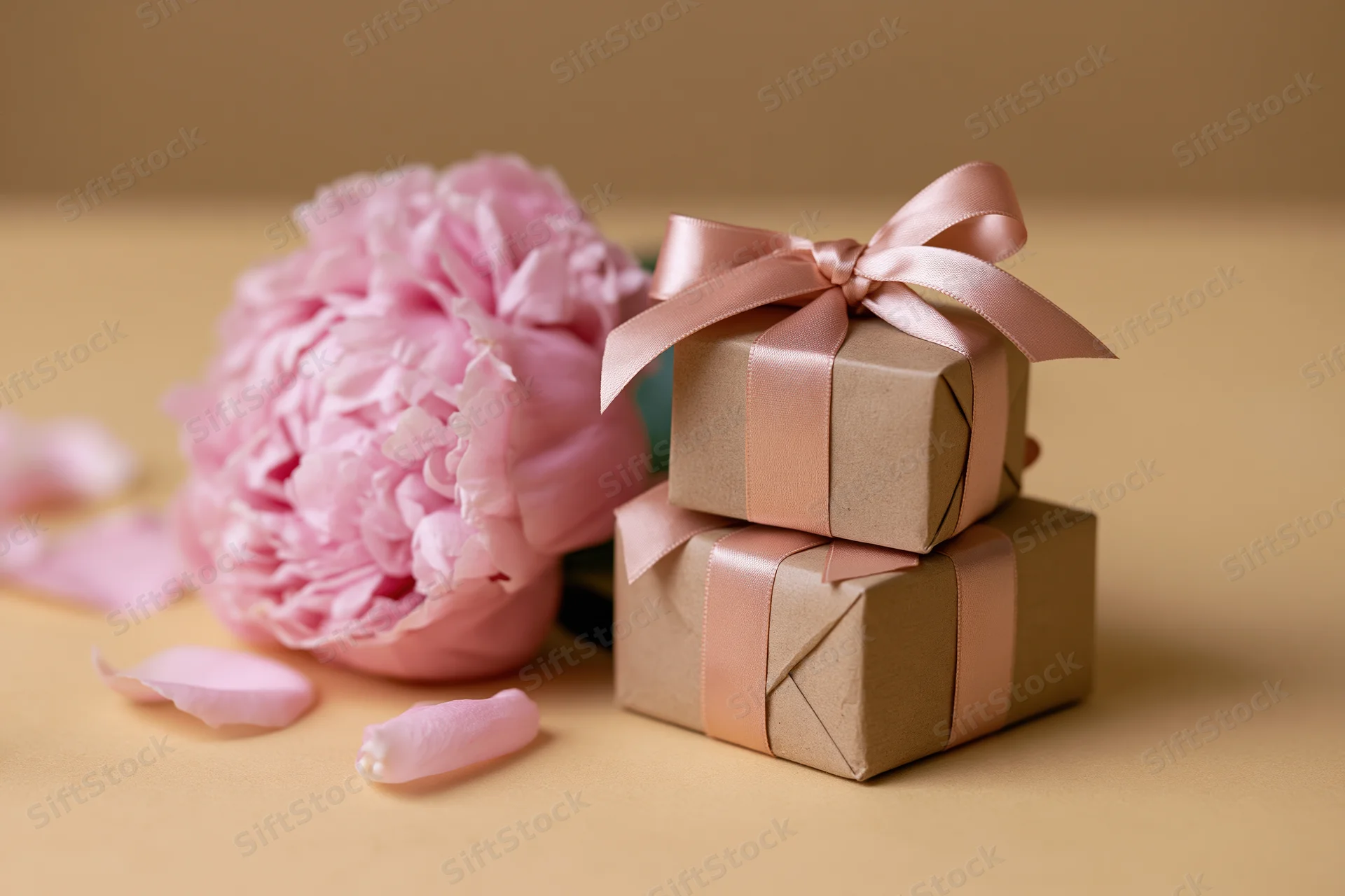 Two stacked kraft gift boxes tied with pink satin ribbon beside a pink peony flower with scattered petals on a beige surface