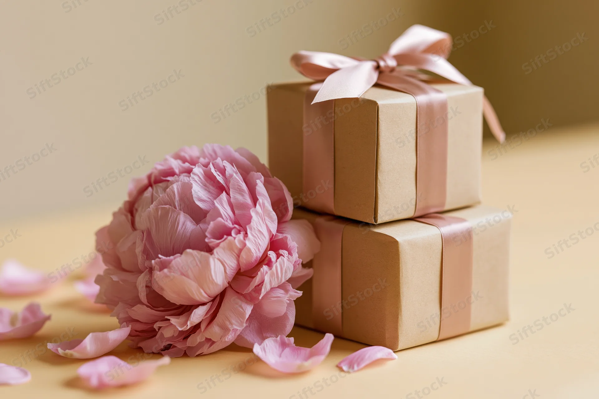Two stacked kraft gift boxes with pink ribbon and a large pink peony flower beside them on a beige surface