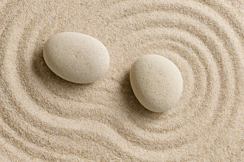 Two smooth stones resting on raked sand in a zen garden