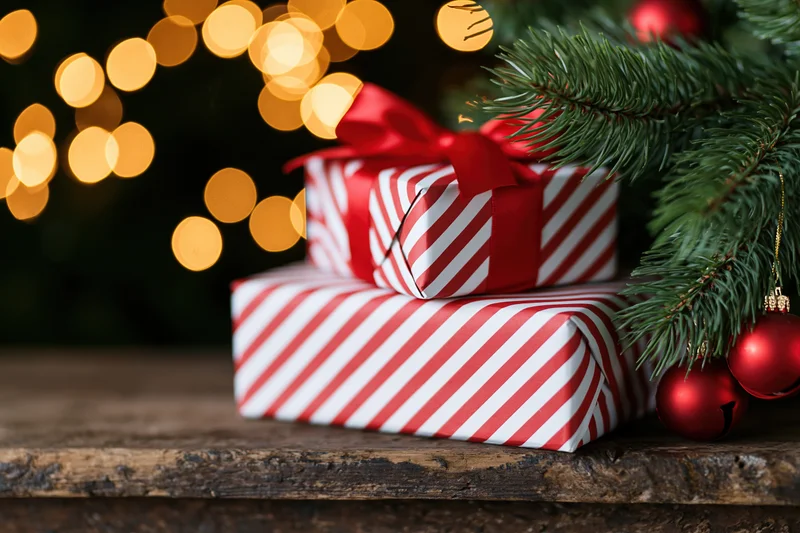 Two stacked gift boxes wrapped in red and white diagonal stripes on a wooden surface beside a christmas tree branch with ornaments and blurred lights