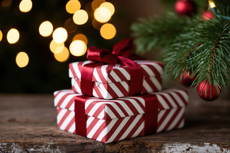 Two stacked gift boxes wrapped in red and white diagonal stripes with ribbon bow on wooden surface near christmas tree branch and blurred lights