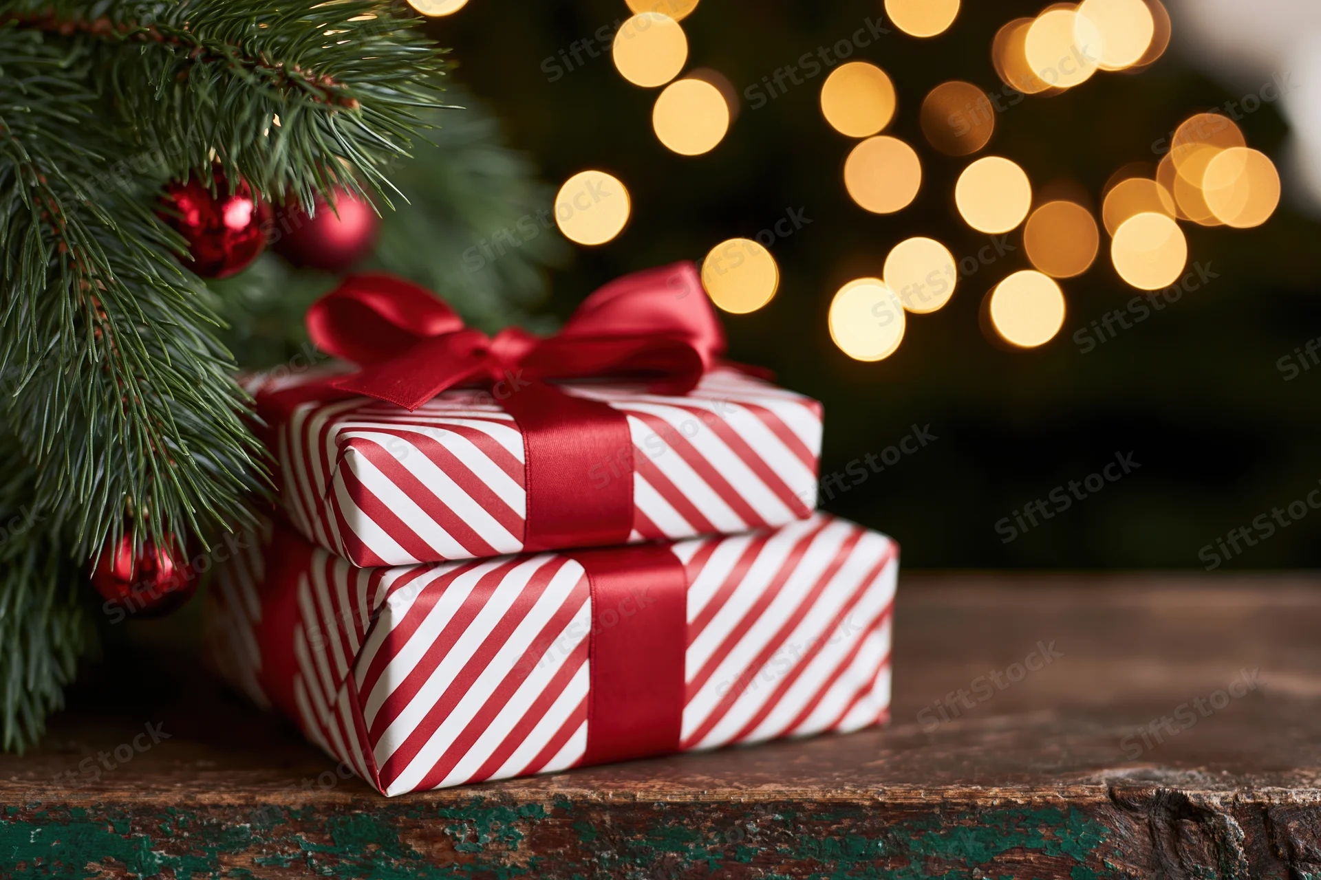 Two stacked gift boxes wrapped in red and white diagonal stripes with red ribbon and bow on a rustic wooden table beside a decorated christmas tree branch with blurred lights in the background