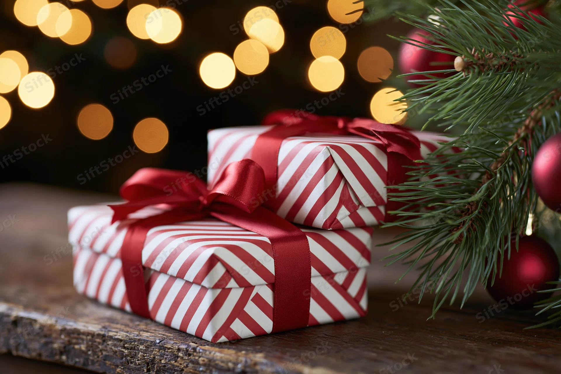 Two stacked gift boxes wrapped in red and white striped paper with red ribbons on a wooden surface beside a decorated christmas tree branch with blurred lights in the background