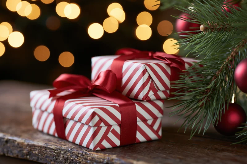 Two stacked gift boxes wrapped in red and white striped paper with red ribbons on a wooden surface beside a decorated christmas tree branch with blurred lights in the background