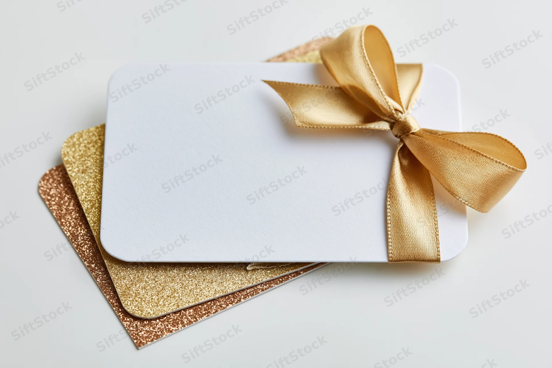 White gift card with gold ribbon bow stacked on glittery gold cards on white background