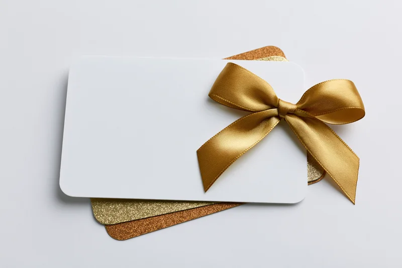 White gift card with gold ribbon bow on plain white background, stacked with glittery gold cards beneath