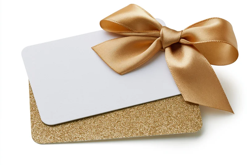Two stacked gift cards with a gold satin bow on a white background