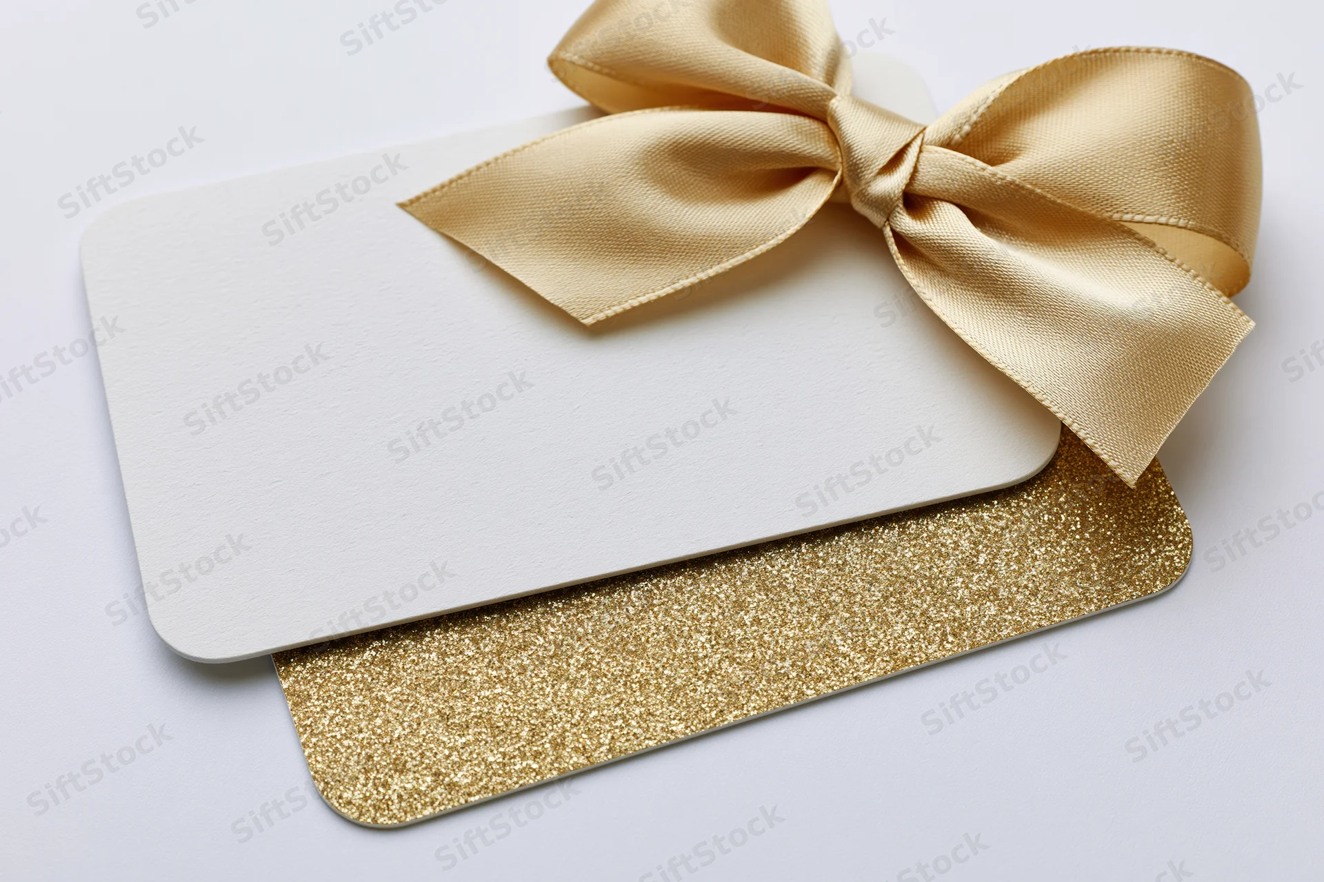 Two stacked gift cards with a gold ribbon bow on white background