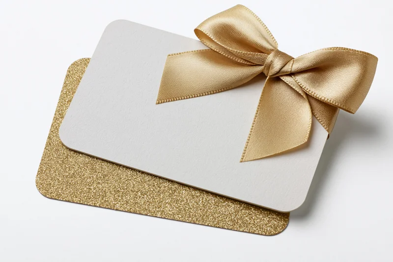 Two stacked gift cards with gold ribbon bow on white background