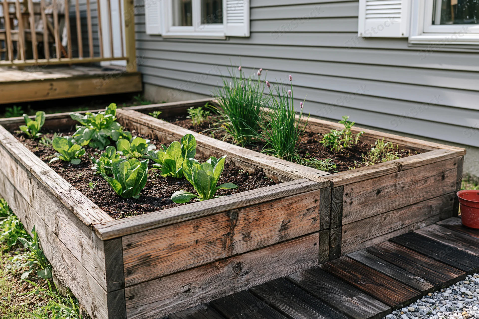 Two weathered wooden raised garden beds filled with leafy greens and herbs in a backyard setting