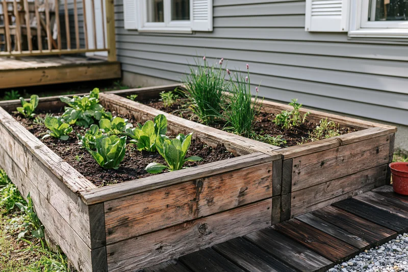 Two weathered wooden raised garden beds filled with leafy greens and herbs in a backyard setting
