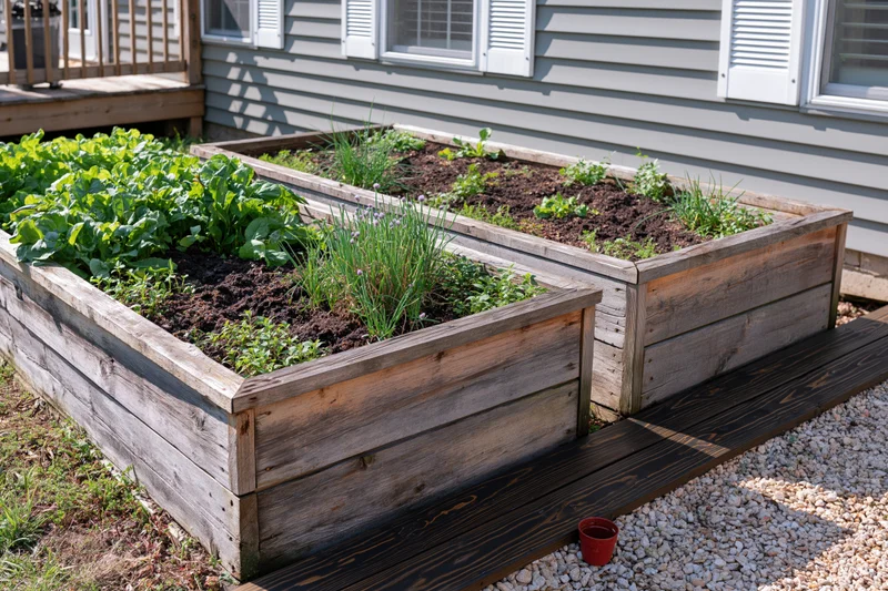 Two weathered wooden raised garden beds filled with leafy greens and herbs in a backyard garden beside a house