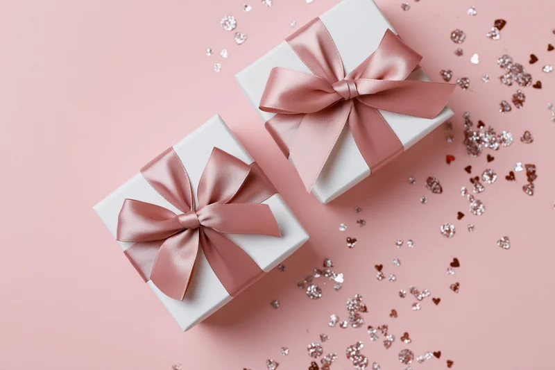 Two white gift boxes with dusty rose satin ribbon bows on pink surface with heart-shaped confetti