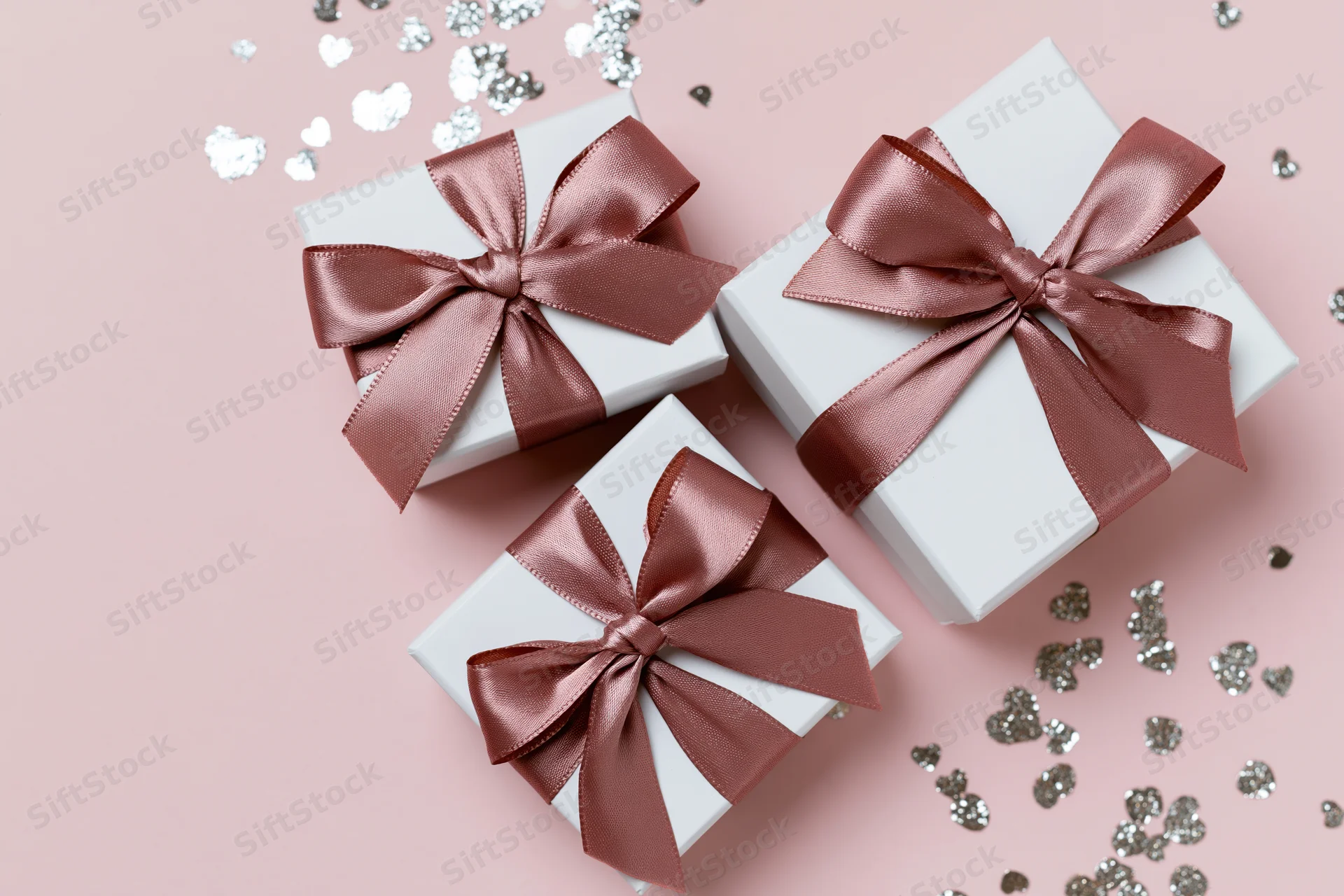 Three white gift boxes with dusty rose satin ribbon bows on pink surface with heart-shaped confetti