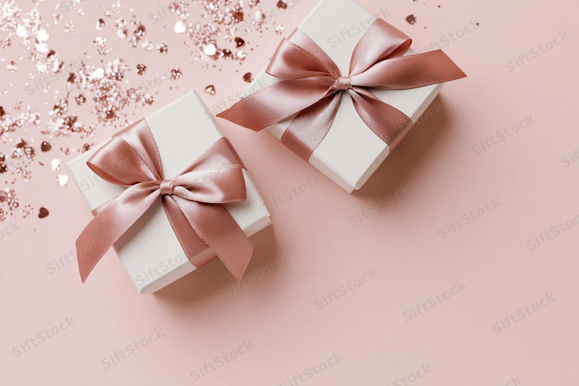 Two white gift boxes with dusty rose satin ribbon bows on pink surface with glitter and hearts