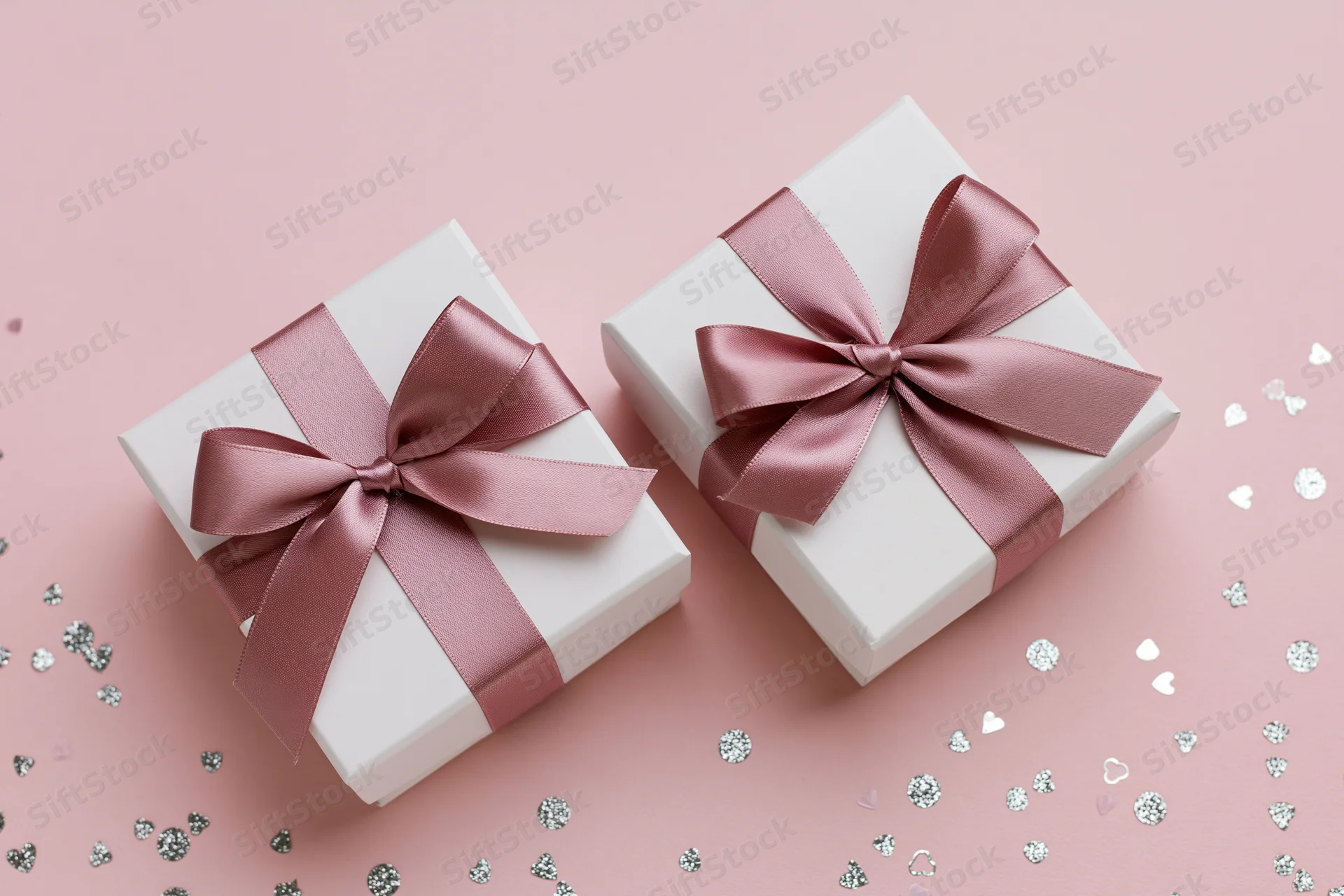 Two white gift boxes with dusty rose satin ribbon bows on pink surface with silver heart confetti