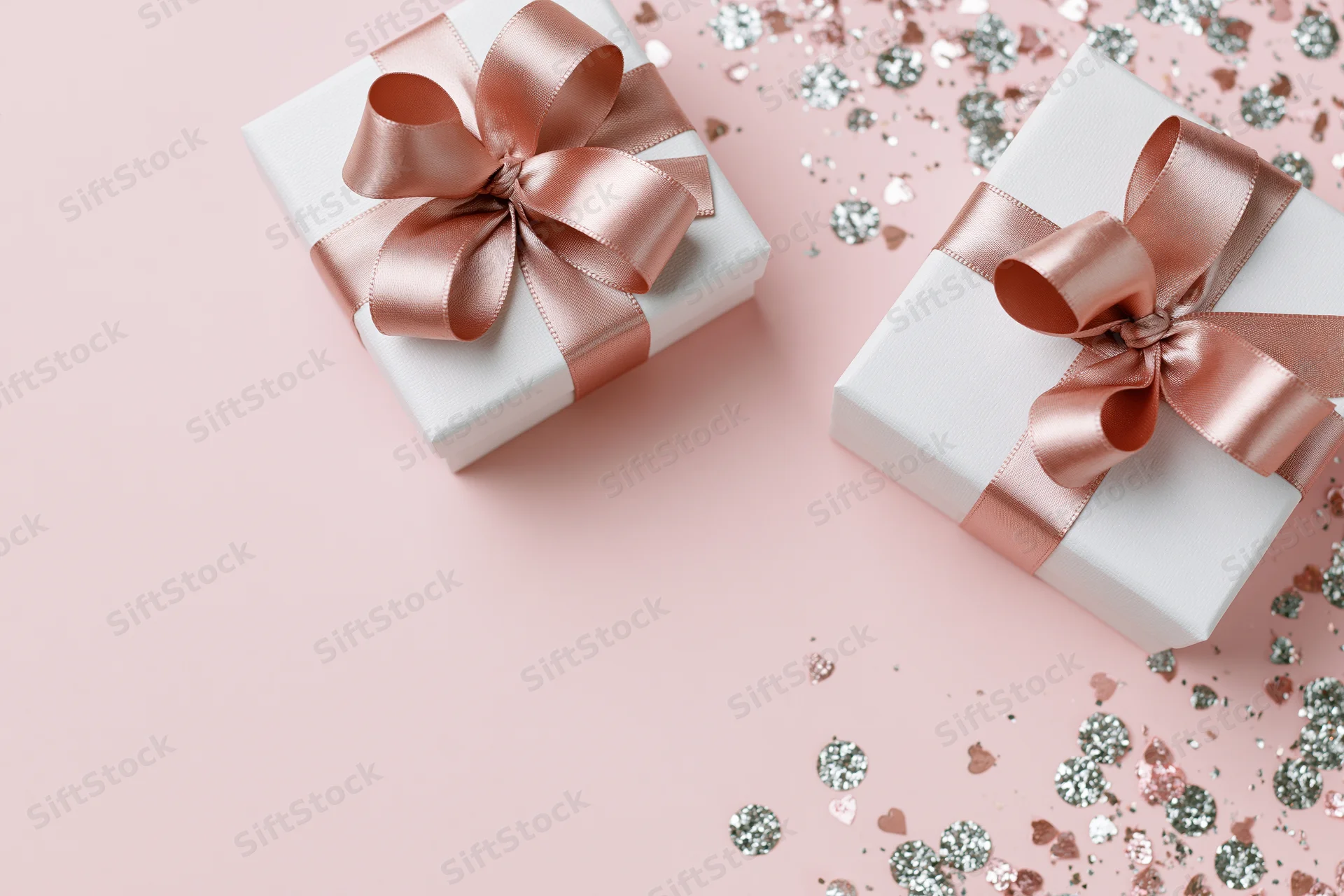Two white gift boxes with rose-gold satin ribbon bows on pink surface with scattered confetti