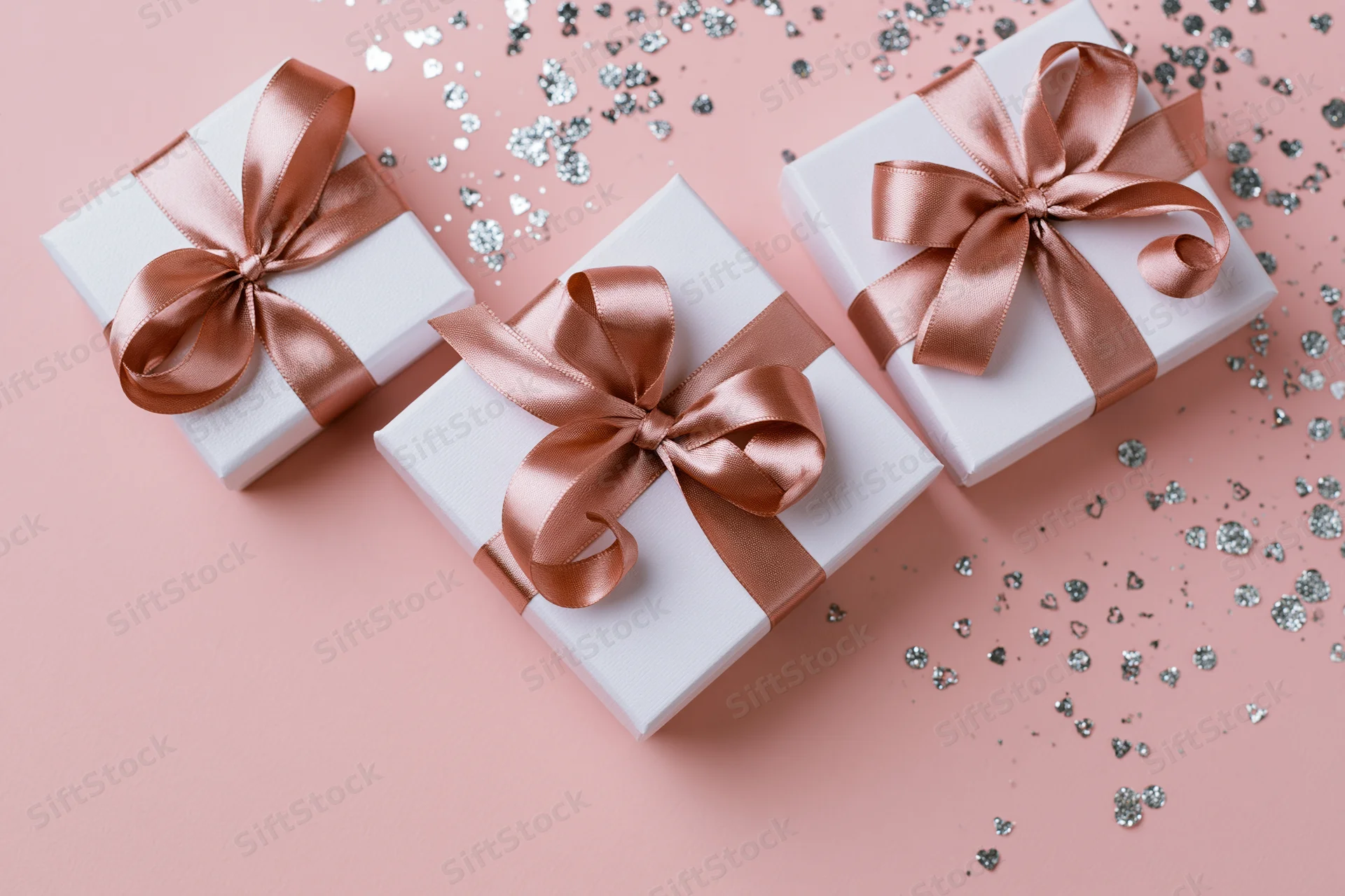 Three white gift boxes with rose-gold satin ribbon bows arranged on a pink surface with scattered heart-shaped confetti