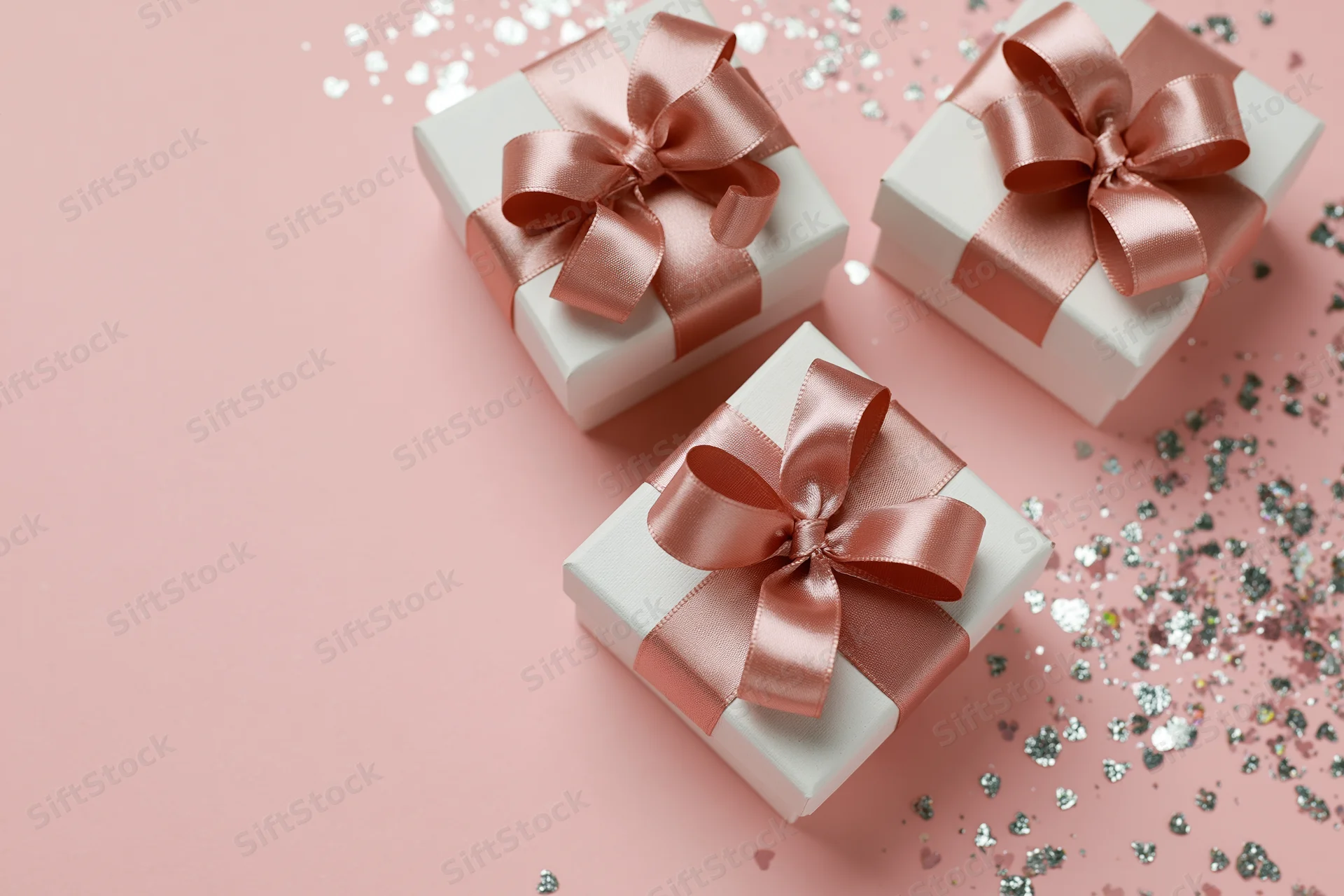 Three white gift boxes with rose-gold satin ribbon bows arranged on a pink surface with scattered confetti