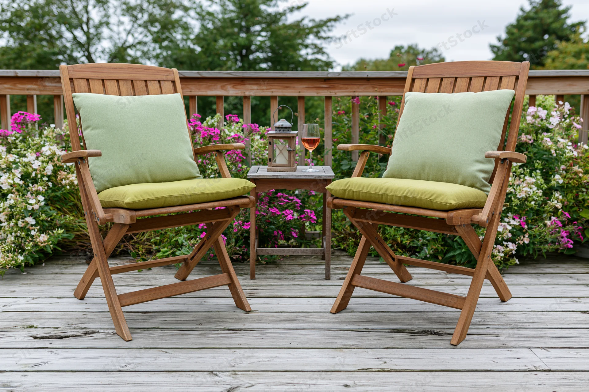Two wooden folding chairs with green cushions on a deck surrounded by flowering shrubs and a small table with a lantern and wineglass