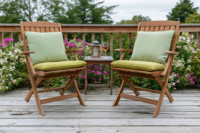 Two wooden folding chairs with green cushions on a deck surrounded by flowering shrubs and a small table with a lantern and wineglass
