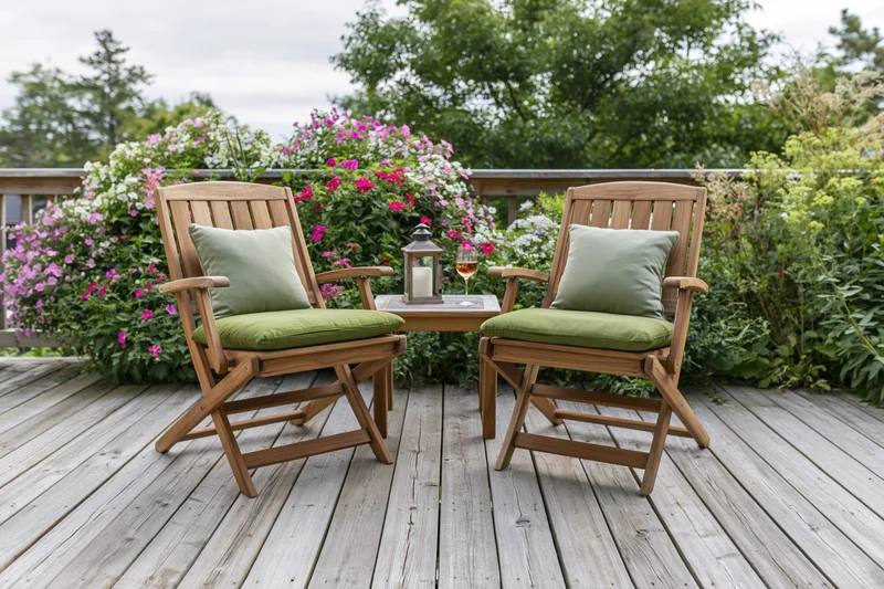 Two wooden folding chairs with green cushions on a deck surrounded by flowering bushes