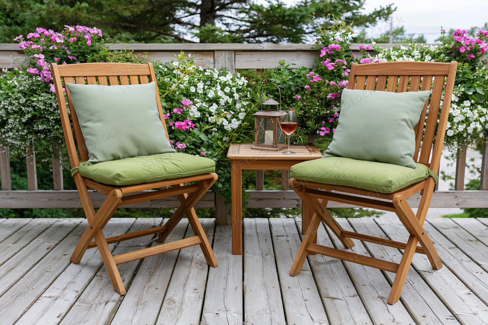 Two wooden folding chairs with green cushions on a deck surrounded by flowering plants and a small table with a lantern and wine glass