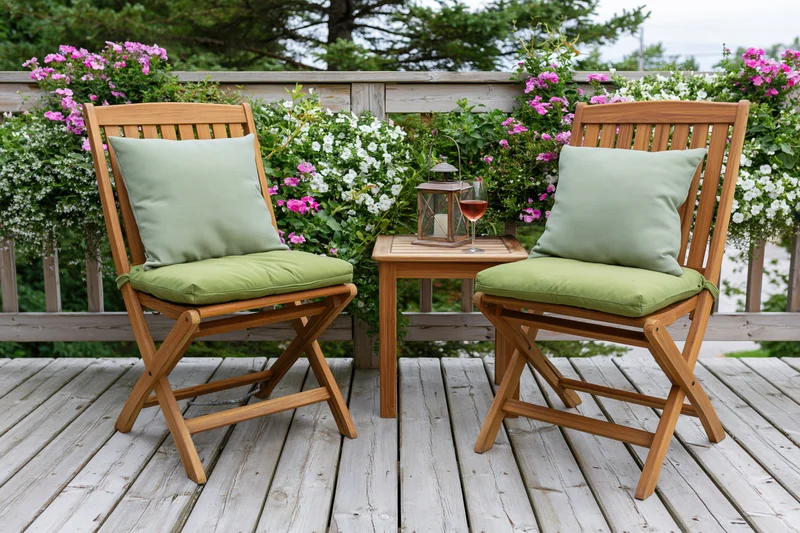 Two wooden folding chairs with green cushions on a deck surrounded by flowering plants and a small table with a lantern and wine glass
