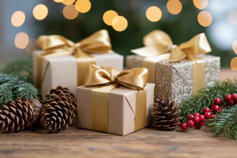 Wrapped christmas gifts with gold ribbons and pinecones on wooden table with bokeh lights in background