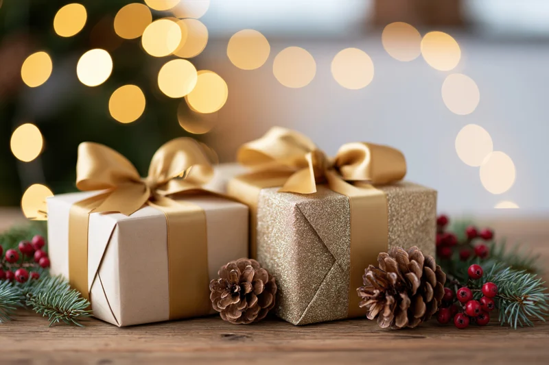 Two wrapped christmas gift boxes with gold satin ribbons and pinecones on wooden table with blurred lights in background