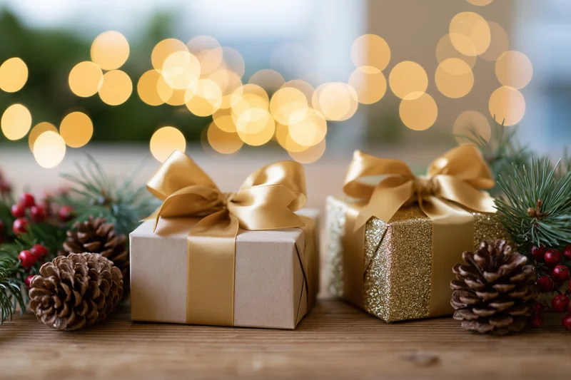 Two wrapped christmas gifts with gold ribbons on a wooden table surrounded by pinecones and festive lights