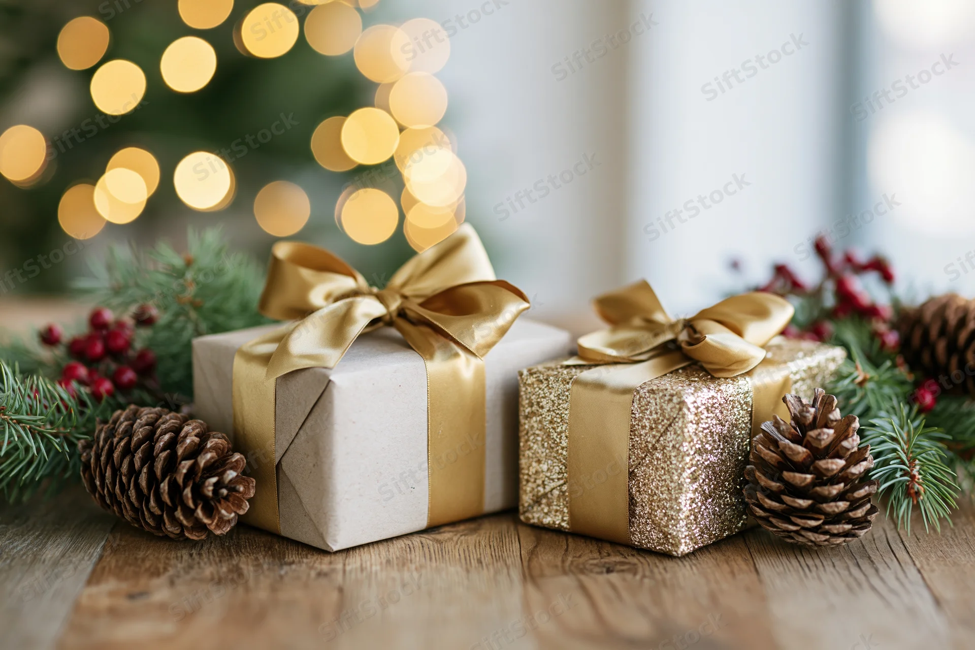 Two wrapped christmas gifts with gold ribbons on a wooden table surrounded by pinecones and evergreen branches with blurred holiday lights in the background