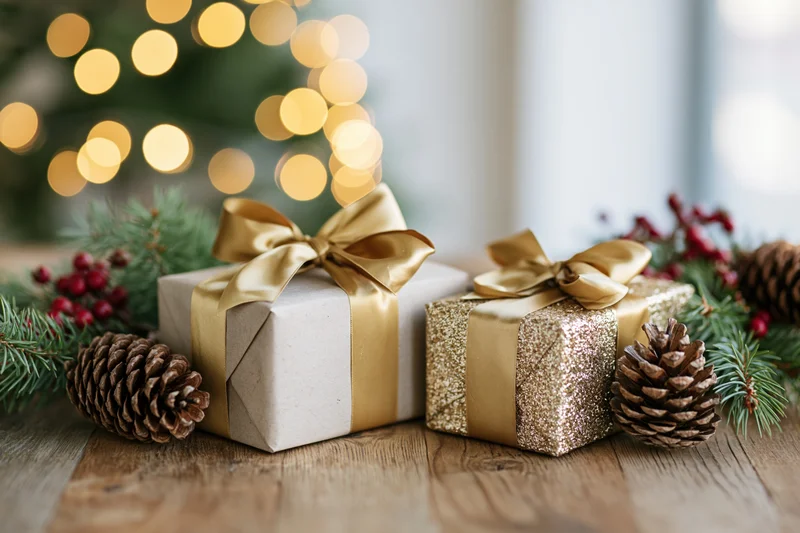 Two wrapped christmas gifts with gold ribbons on a wooden table surrounded by pinecones and evergreen branches with blurred holiday lights in the background