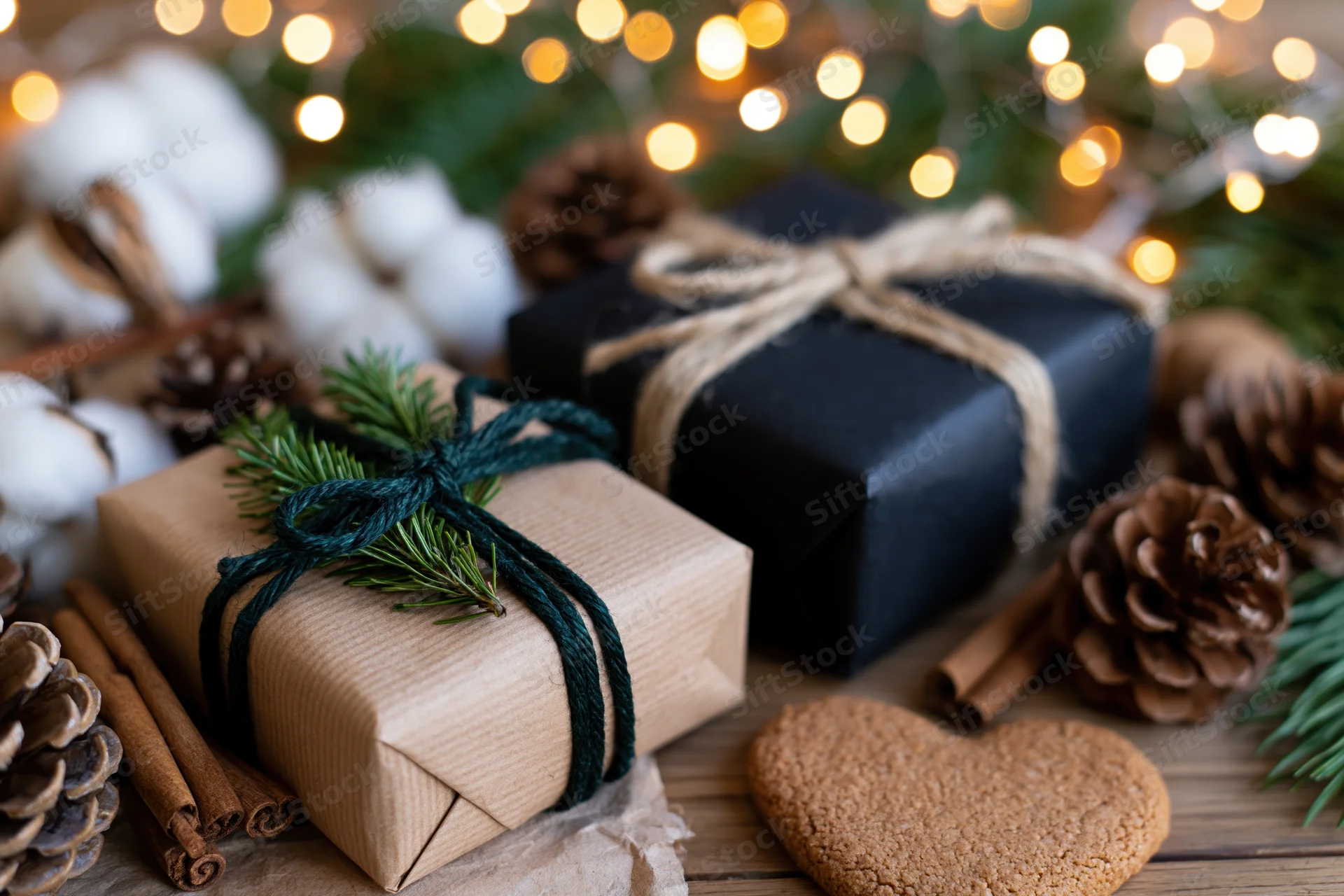 Two wrapped christmas gifts on wooden surface with pinecones and lights