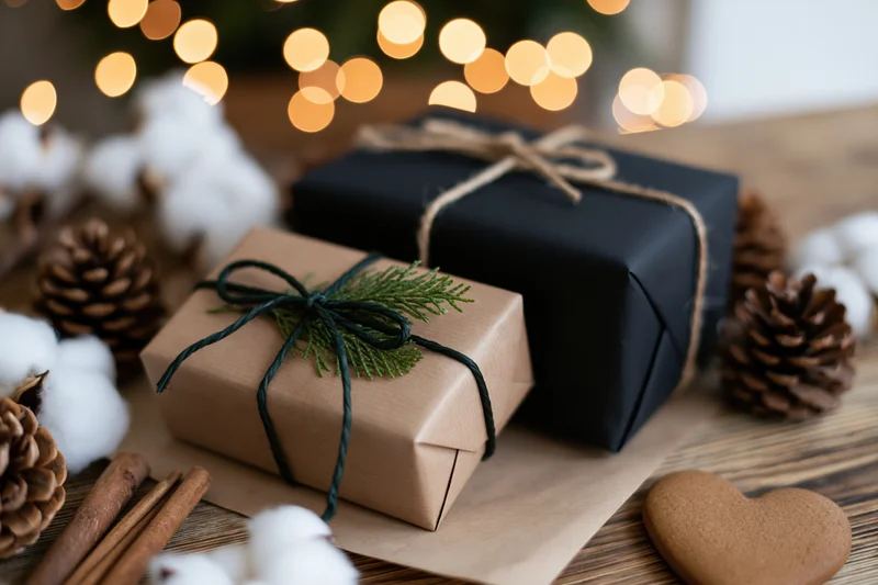 Two wrapped christmas gifts on wooden surface with pinecones and cotton, surrounded by warm bokeh lights