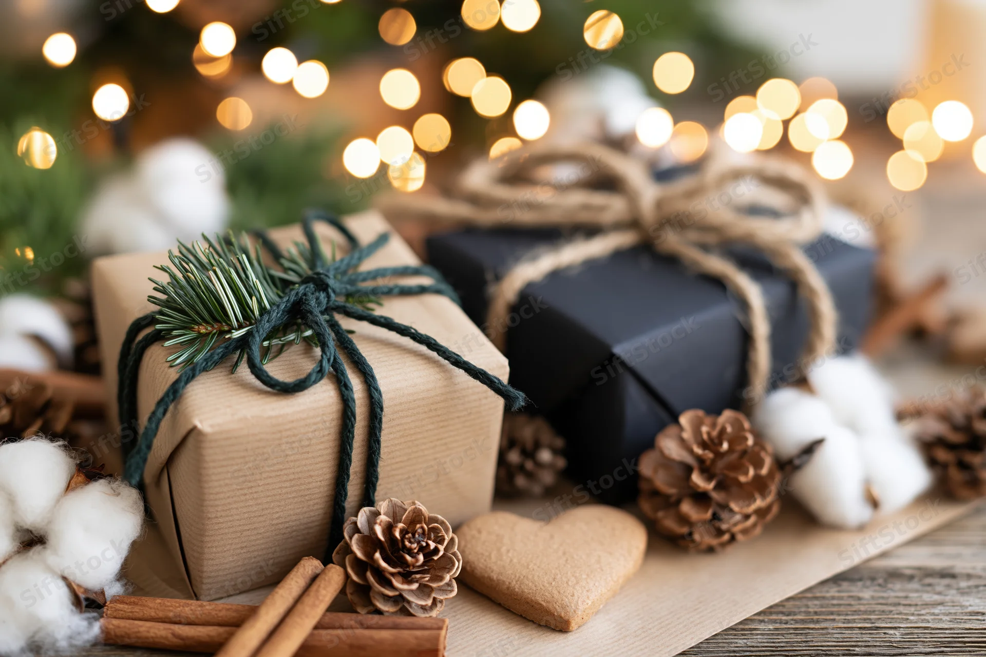 Two wrapped christmas gifts on wooden surface with pinecones and cotton, surrounded by warm bokeh lights