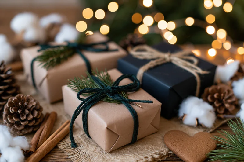 Wrapped christmas gifts on wooden surface with pinecones and lights