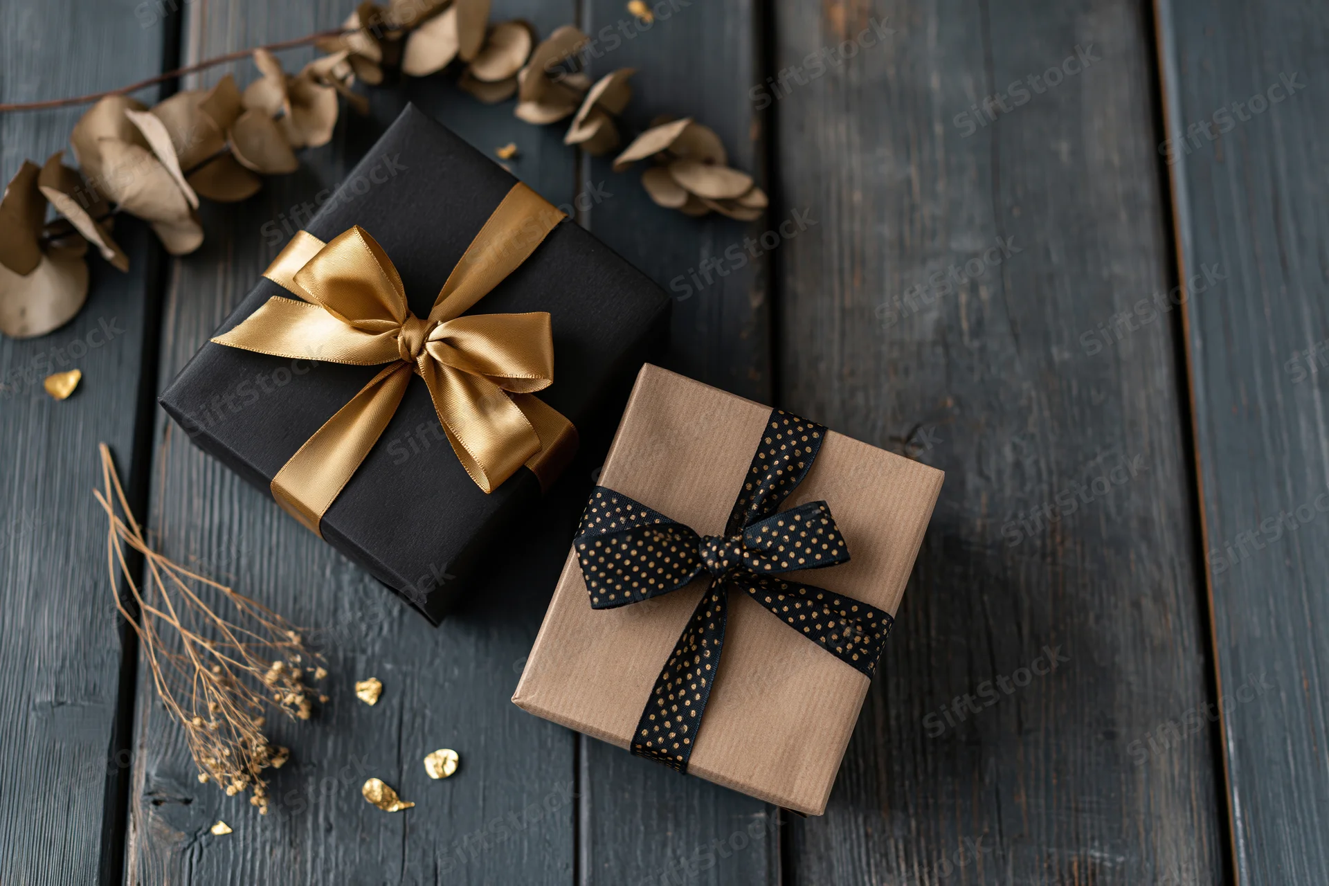Two wrapped gift boxes with ribbons and dried flowers on dark wooden surface