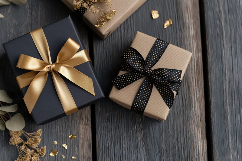 Two wrapped gift boxes with ribbons and bows on a dark wooden surface, surrounded by dried flowers and gold confetti