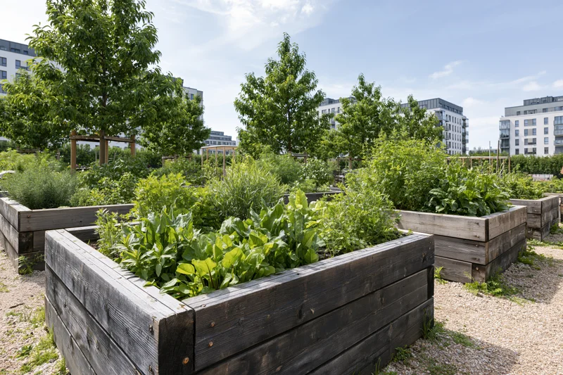 Weathered wooden raised beds filled with leafy green plants in an urban community garden with trees and apartment buildings in the background