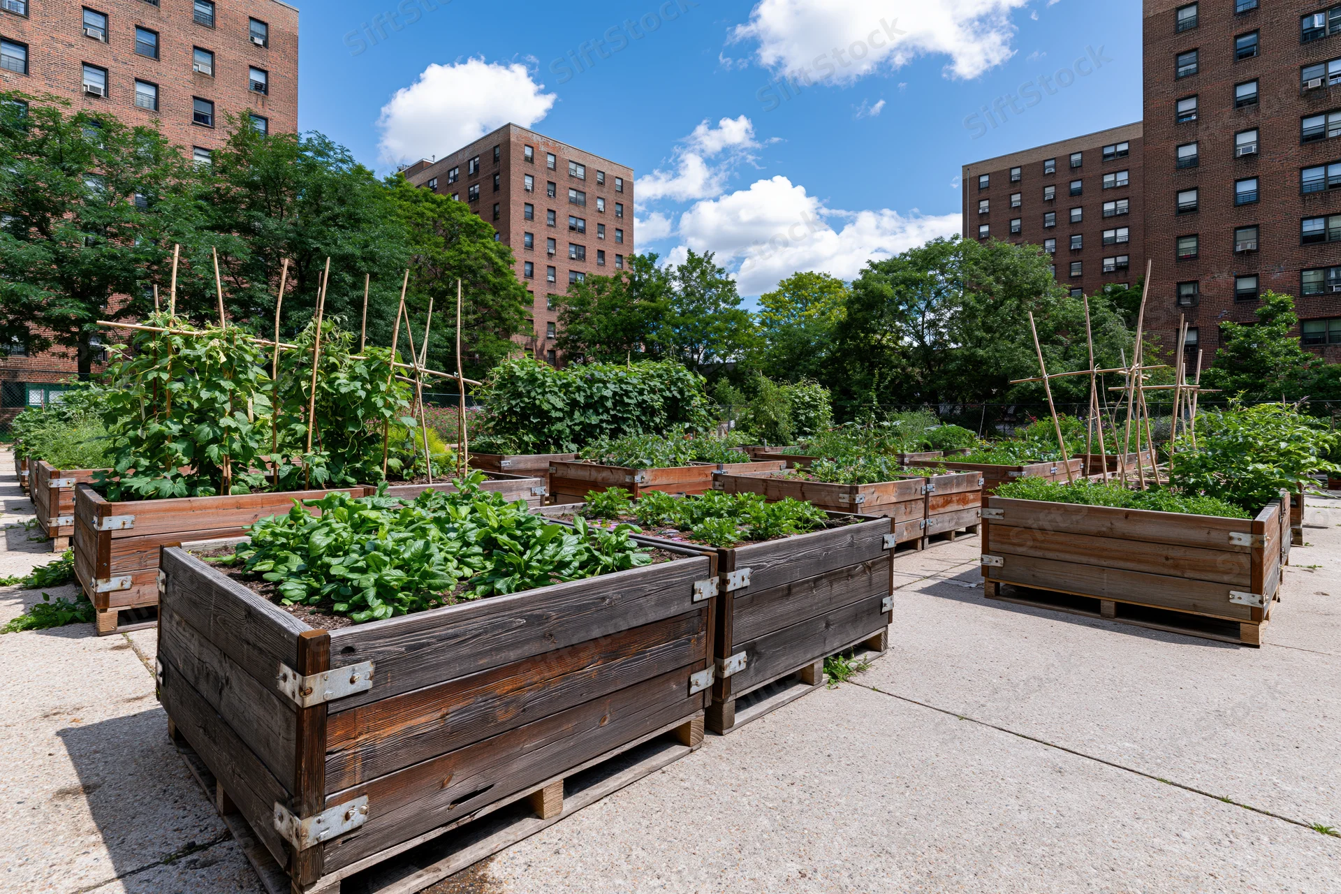 Wooden raised planter beds filled with green vegetables in an urban community garden surrounded by brick apartment buildings under a blue sky with clouds
