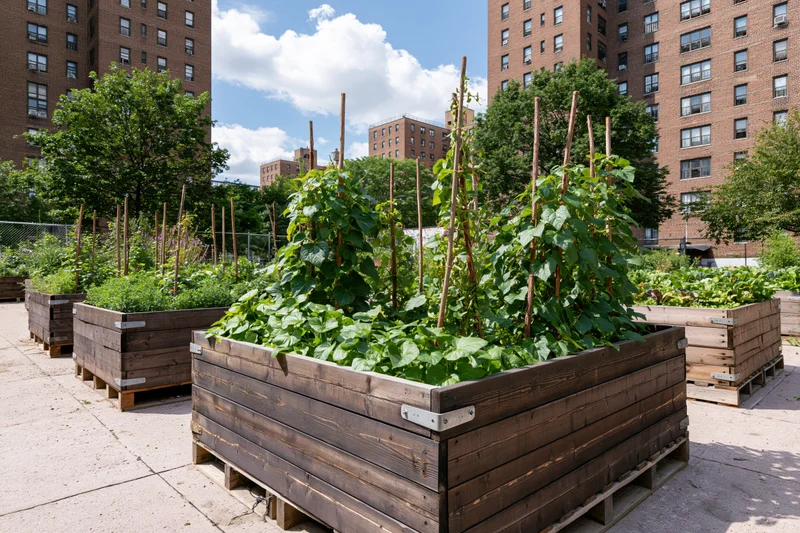 Wooden raised planter beds filled with leafy green vegetables in an urban community garden surrounded by brick apartment buildings on a sunny day