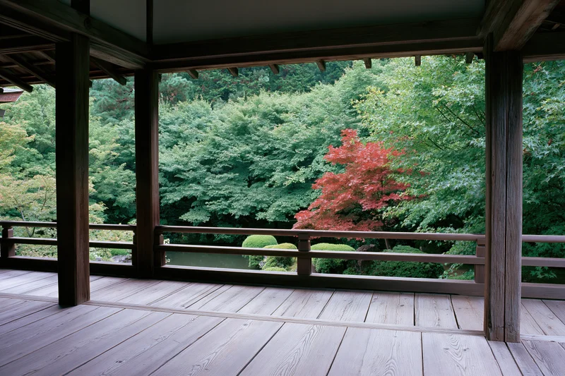 View from a traditional japanese temple veranda overlooking a garden with red maple trees in autumn