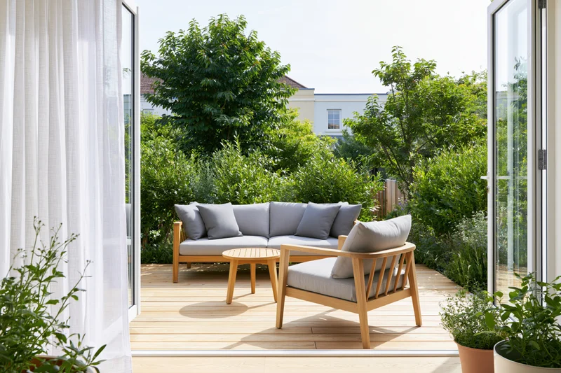 View through open glass sliding doors onto a sunny outdoor patio with wooden furniture and greenery